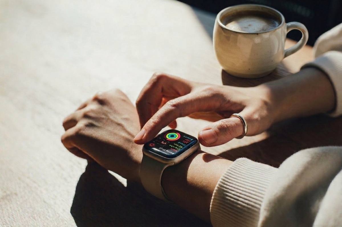Person with coffee and smartwatch